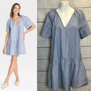 A New Day Puff Sleeve Tiered Mini Sack Dress S Blue White Striped Nautical NWT - Picture 1 of 11