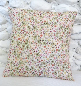 Cushion Cover, 16", Ditsy Floral, Seersucker Cotton, Green, Orange, Pink, Pretty - Picture 1 of 13