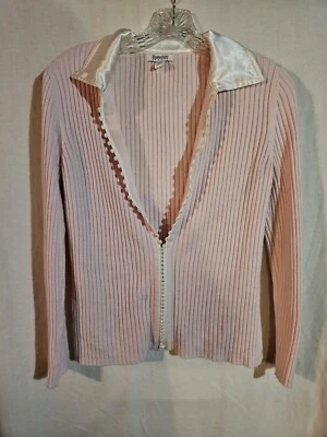 Hampshire Studio Luxelon Faux Gemstone Zipper Ribbed Cardigan In Pink Size Small - Image 1 of 4