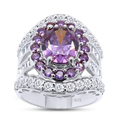 Anillo de compromiso de cóctel amatista simulada y circonita cúbica plata de ley 925 Foto 1 de 4