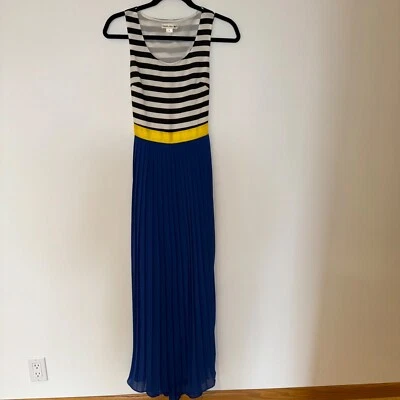 Double Zero Maxi Dress Black & White Stripe w/ Yellow Waist & Blue Skirted S - Image 1 of 3