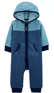 Carter's® Baby Boys L/S Zip-Up Hooded Fleece Jumpsuit Blue 12 Months NWT - Picture 1 of 6