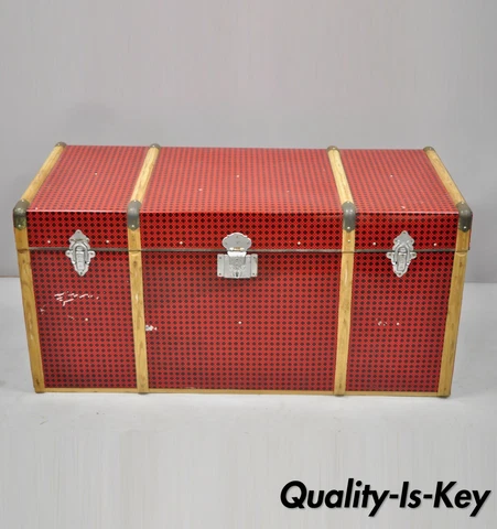 Vintage Wood Tin Metal Wrapped Red Faux Cane Wicker Chest Trunk Box Cover