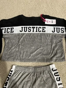 NWT! 3-Piece JUSTICE Girls M 10 Pajama Set, Black Fleece Shirt, Pants, Shorts - Picture 1 of 10