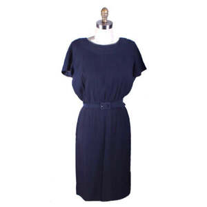 Navy Blue Vintage Day Dress R&K All-Over Pleats 1950s Medium Rayon Wiggle