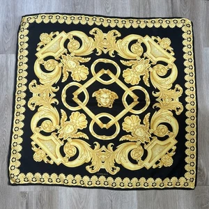 Versace Barocco Scarf Large Black Gold Baroque Faces Print 100% Silk Shawl - Picture 1 of 15