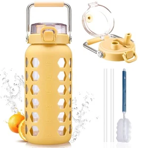 64oz Glass Water Bottles with Straw and Lid,Half Gallon Water Bottle with Tim... - Picture 1 of 7
