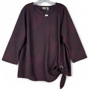 Chicos Easywear Top 3 Womens XL Burgundy Black Side Tie Jacquard Blouse 3/4 Slee - Picture 1 of 9