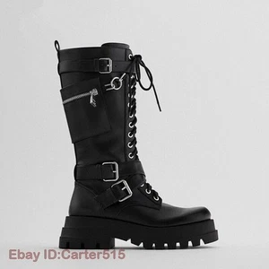 Womens Platform Biker Boots Buckle Mid Calf Boots Knight Boots Fashion Sz - Picture 1 of 25