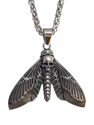 Deaths Head Hawk Moth Pendant Necklace Large Steel Moth Chain Jewellery & Boxed - Image 1 of 4