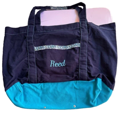 Thirty-One Huge Navy Aqua Canvas Tote Travel Bag Double Handles *Reed* Monogram - Image 1 of 4