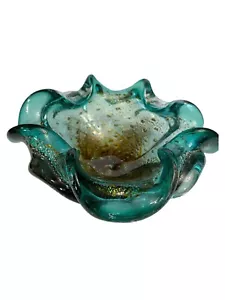 Vtg MCM Murano Bullicante Glass Ashtray Bowl Blue With Silver & Gold Flecks - Picture 1 of 5