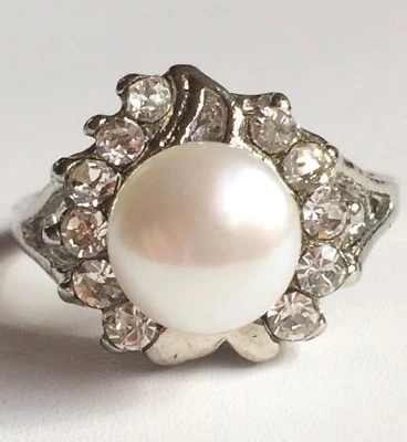 复古白色珍珠艺术装饰光环鸡尾酒戒指 尺寸 8 9 10 镀银水晶 — 第 1/4 张图片