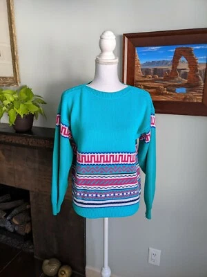 Suéter feminino vintage anos 80/90 listra rosa turquesa estampado gola barco médio - Imagem 1 de 4