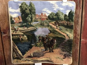 Wool Needlepoint Pillow Cover 18”x18” Draft Horse Countryside Fishing....……..x5 - Picture 1 of 8