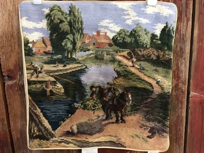 Wool Needlepoint Pillow Cover 18”x18” Draft Horse Countryside Fishing....……..x5 - Image 1 of 4