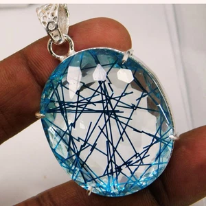 Natural 153.40 Ct Blue Rutilated Quartz Oval Cut Pendant Certified Loose Gemston - Picture 1 of 3