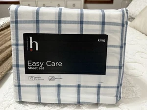 New KING SIZE Easy Care Sheet Set Cotton Poly BLUE PLAID Home Express - Picture 1 of 3