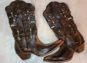 CORRAL - MUSGO PYTHON SCHLANGENLEDER STIEFEL SCHWARZ/BRAUN CROSS CUT-OUTS - Gr. 8,5 Snip Toe - Bild 1 von 11