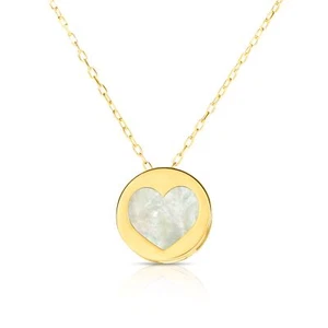 Heart Love Mother of Pearl Necklace Real 14K Yellow Gold - Picture 1 of 2