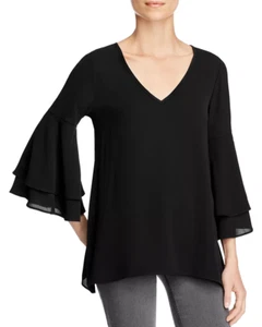 $178 Status By Chenault Women'S Black V Neck 3/4 Bell-Sleeve Blouse Top Size M - Picture 1 of 2