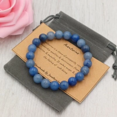 BLUE AVENTURINE Bracelet Stretch Fit Handmade + Gift Bag & Card Gemstone 4/6/8mm - Image 1 of 4