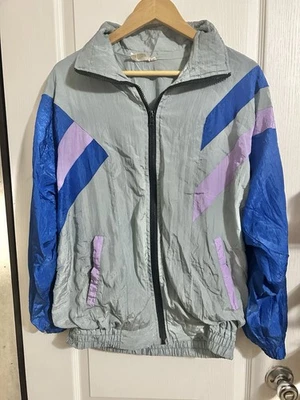 Jaqueta Windsuit Vintage Windbreaker Azul e Cinza Feminina Tamanho Médio Anos 90 Anos 80 - Imagem 1 de 4