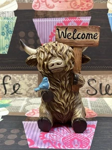 Spring Highland Cow Welcome Sign Blue Bird Figurine Farmhouse Decor - Picture 1 of 5