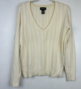 Eddie Bauer Cable Knit Sweater Womens M Ivory Cotton Blend Capsule Minimallist - Picture 1 of 8