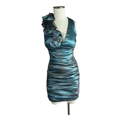 Vintage Y2K Cache Mini Formal Dress SIZE 6 Bodycon Ruffles Green Homecoming - Image 1 of 4