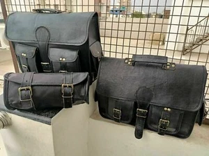 15 Inch New Motorcycle 3 Saddle Bags Three Black Leather Side Pouch Panniers - Picture 1 of 8
