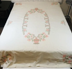 Vintage Cross Stitch Handmade Tablecloth Pink & Green Vase Floral 84 in x 55 in - Picture 1 of 18