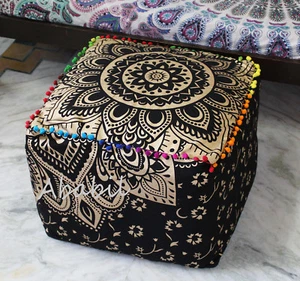 15" Square Ottoman Pouf Cover Indian Black Golden Mandala Indian Footstool Case - Picture 1 of 3