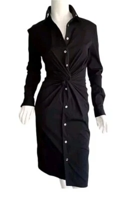 Ultimate $2200 Michael Kors 系列棉质纽扣前斜纹黑色连衣裙 4 — 第 1/4 张图片