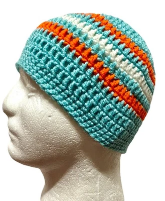 MIAMI DOLPHINS AQUA ORANG 男式男女通用钩针滑雪帽 Beanie 手工制作 白色 — 第 1/4 张图片