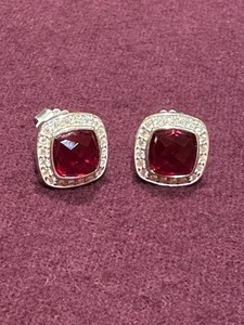 DAVID YURMAN Sterling Silver with Red Garnet and Diamonds Pierced Earrings 7mm - Picture 1 of 11