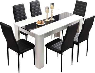 Modern Dining Table Set 6 PU Leather Chairs 140x80x75cm Kitchen Dining - Image 1 of 4