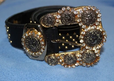 Cinturón Isabel Couture Años 80 Cuero Negro Cristales Medusa Tachuelas Tono Dorado Foto 1 de 4