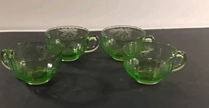 Vintage Green Glass Handled Tea Cups 'Fruits' About 2.25" High Set Of 4 - Picture 1 of 16