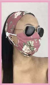 Matching Headband Mask 100% Cotton 2 Layer Washable Adjust Ear Loop Flower Mauve - Picture 1 of 8