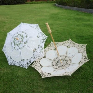 Hollowed Wedding Lace Umbrella Wooden Handle Parasol Umbrella Bride - Picture 1 of 21