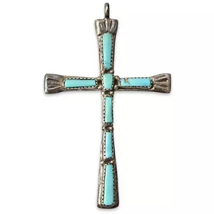 Vintage Lupe Iule Turquoise Sterling Silver Cross Pendant Zuni Native American - Picture 1 of 5