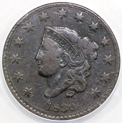 1830 1c N-10 Coronet or Matron Head Large Cent ANACS VF 20 - Image 1 of 4