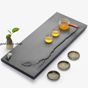 Handmade Carved Leaf Relief Black Stone Tea Tray Water Draining Tea Table Heavy - Picture 1 of 15