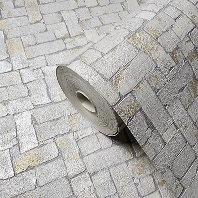 Contemporary Gray gold metallic faux small stone tile modern textured wallpaper - Image 1 of 4