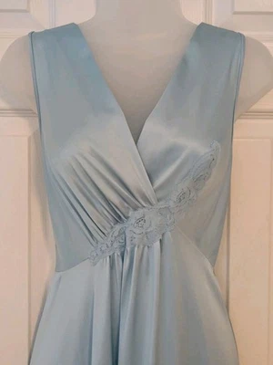 Vtg Vanity Fair Long Nylon Nightgown Sz M Lt Blue Lace Accented Fitted Bodice  - Image 1 of 4