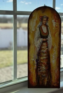 Vintage bulgarische Volkskunst Wandbehang "Moma" signiert vom Künstler H 16" B 6,25" - Bild 1 von 9