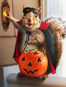 "Trickin and a-Treatin'!" AVANTI HALLOWEEN CARD Funny Squirrel in Costume - Picture 1 of 2