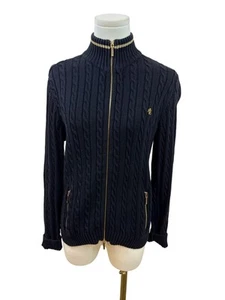 Ralph Lauren Petite Navy Cable Knit Full-Zip Cardigan Sweater Gold Accents Sz M - Picture 1 of 7