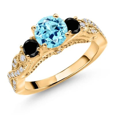 Chapado en Oro Amarillo 18K Plata Azul Apatita Diamante Negro y Moissanita Blanca Foto 1 de 4